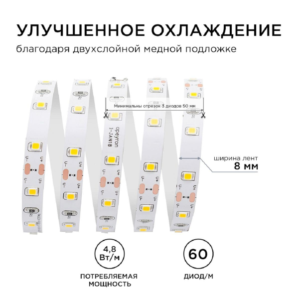 Светодиодная лента Apeyron 4,8W/m 60LED/m 3528SMD теплый белый 5M 00-03 Светодиодная лента Apeyron 4,8W/m 60LED/m 3528SMD теплый белый 5M 00-03