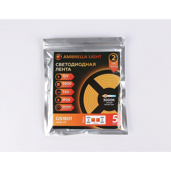 Светодиодная лента Ambrella Light 7,2W/m 30LED/m 5050SMD теплый белый 5M GS1801 Светодиодная лента Ambrella Light 7,2W/m 30LED/m 5050SMD теплый белый 5M GS1801