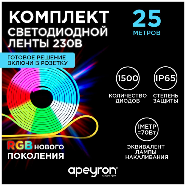 Светодиодная влагозащищенная лента Apeyron 12W/m 60LED/m 5050SMD разноцветная 25M 10-50 Светодиодная влагозащищенная лента Apeyron 12W/m 60LED/m 5050SMD разноцветная 25M 10-50