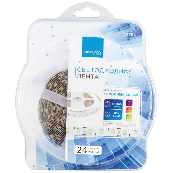 Светодиодная лента Apeyron 14,4W/m 60Led/m 5050SMD холодный белый 1M 227BL Светодиодная лента Apeyron 14,4W/m 60Led/m 5050SMD холодный белый 1M 227BL