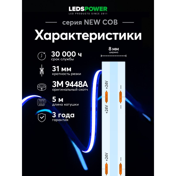 Светодиодная лента LEDS POWER NEW COB 256/м (11Вт/м) 24В синяя 006369