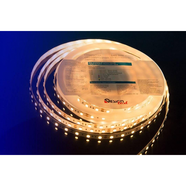 Светодиодная влагозащищенная лента DesignLed 14,4W/m 60LED/m 5050SMD теплый белый 5M 000516 Светодиодная влагозащищенная лента DesignLed 14,4W/m 60LED/m 5050SMD теплый белый 5M 000516