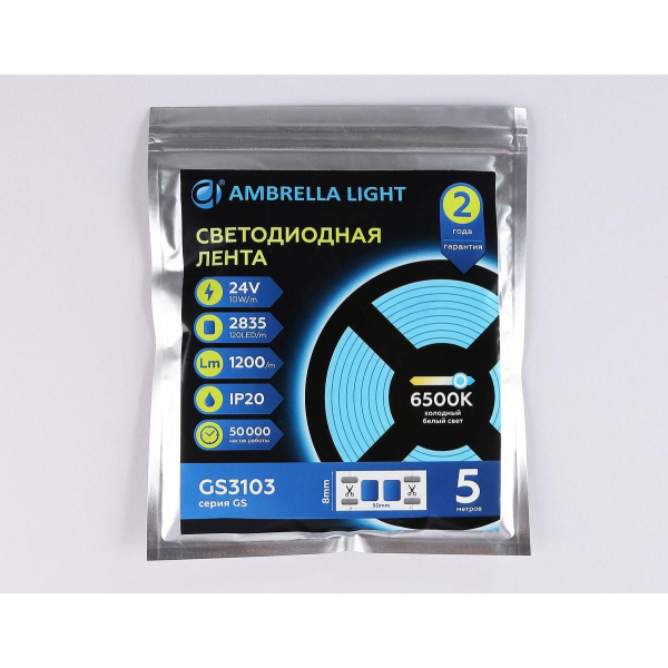 Светодиодная лента Ambrella Light 10W/m 120LED/m 2835SMD холодный белый 5M GS3103 Светодиодная лента Ambrella Light 10W/m 120LED/m 2835SMD холодный белый 5M GS3103