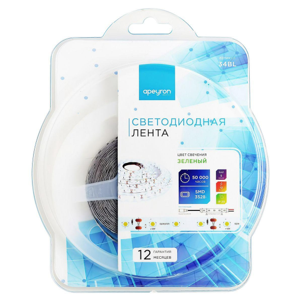 Светодиодная лента Apeyron 4,8W/m 60LED/m 3528SMD зеленый 5M 34BL Светодиодная лента Apeyron 4,8W/m 60LED/m 3528SMD зеленый 5M 34BL