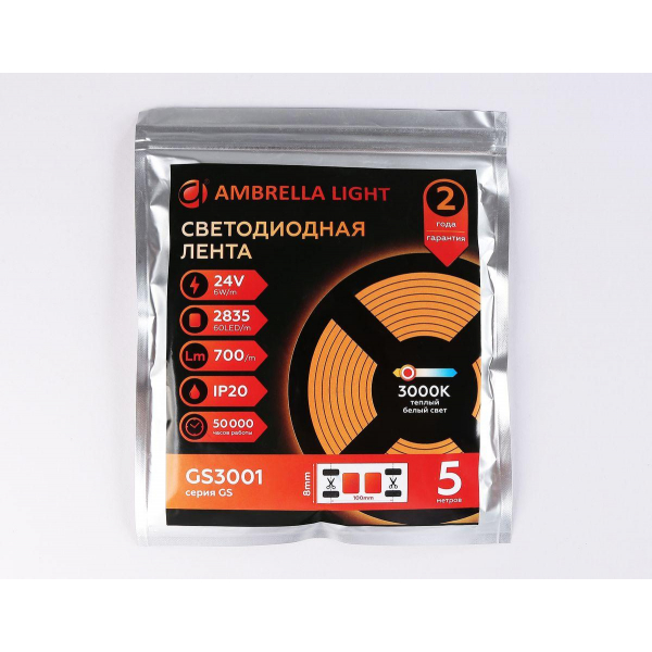 Светодиодная лента Ambrella Light 6W/m 60LED/m 2835SMD теплый белый 5M GS3001 Светодиодная лента Ambrella Light 6W/m 60LED/m 2835SMD теплый белый 5M GS3001