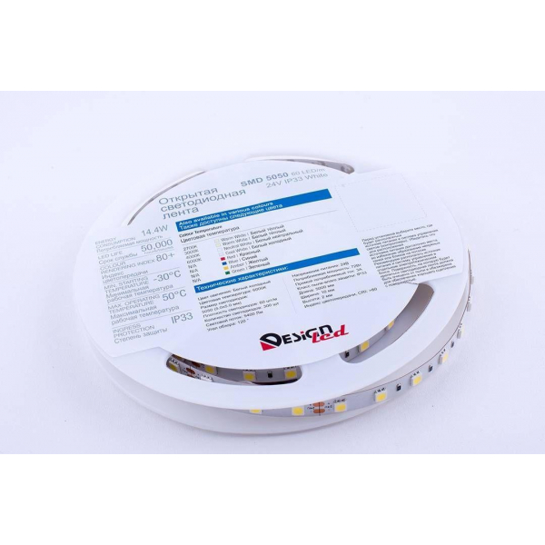 Светодиодная влагозащищенная лента DesignLed 14,4W/m 60LED/m 5050SMD холодный белый 5M 000520 Светодиодная влагозащищенная лента DesignLed 14,4W/m 60LED/m 5050SMD холодный белый 5M 000520