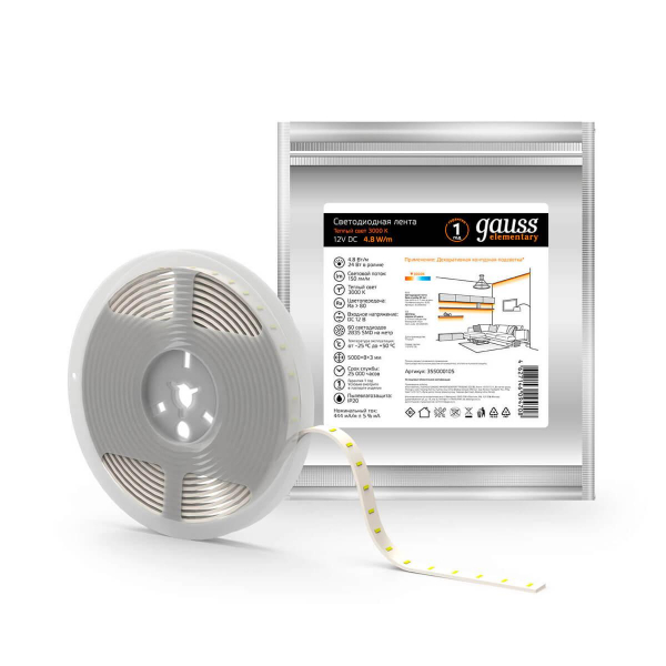 Светодиодная лента Gauss 4,8W/m 60LED/m 2835SMD теплый белый 5M 355000105 Светодиодная лента Gauss 4,8W/m 60LED/m 2835SMD теплый белый 5M 355000105