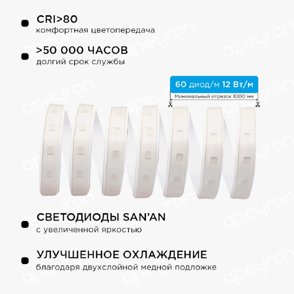 Светодиодная влагозащищенная лента Apeyron 12W/m 60LED/m 5050SMD разноцветная 25M 10-50 Светодиодная влагозащищенная лента Apeyron 12W/m 60LED/m 5050SMD разноцветная 25M 10-50