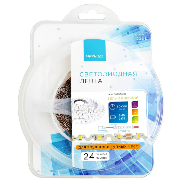 Светодиодная лента Apeyron 4,8W/m 60Led/m 2835SMD дневной белый 5M 132BL Светодиодная лента Apeyron 4,8W/m 60Led/m 2835SMD дневной белый 5M 132BL