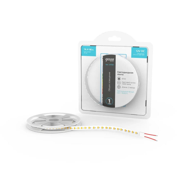 Светодиодная лента Gauss 14,4W/m 120LED/m 2835SMD нейтральный белый 2M BT081 Светодиодная лента Gauss 14,4W/m 120LED/m 2835SMD нейтральный белый 2M BT081