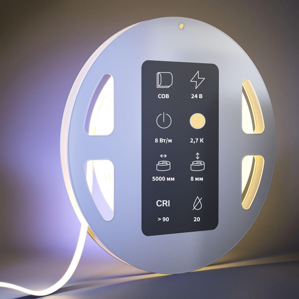 Светодиодная лента Maytoni 8W/m 320LED/m COB теплый белый 5M 201070 Светодиодная лента Maytoni 8W/m 320LED/m COB теплый белый 5M 201070
