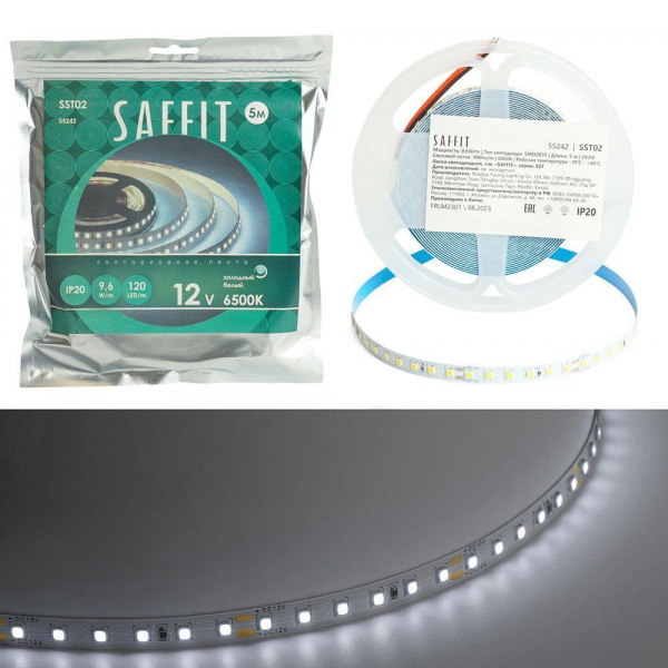 Светодиодная лента Saffit 9,6W/m 120LED/m 2835SMD холодный белый 5М SST02 55242 Светодиодная лента Saffit 9,6W/m 120LED/m 2835SMD холодный белый 5М SST02 55242