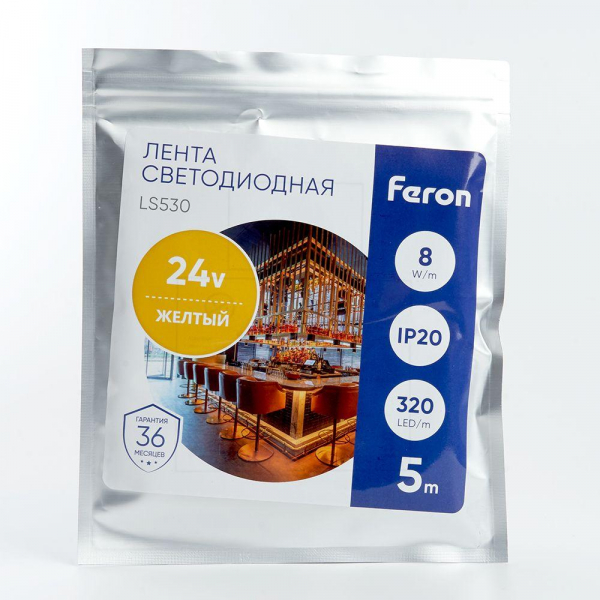 Светодиодная лента Feron 8W/m 320LED/m 2110SMD желтый 5M LS530 48269 Светодиодная лента Feron 8W/m 320LED/m 2110SMD желтый 5M LS530 48269