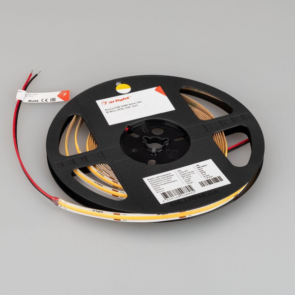 Светодиодная лента Arlight 8W/m 480Led/m CSP теплый белый 5M COB-X480-8mm 24V Warm3500 044575 Светодиодная лента Arlight 8W/m 480Led/m CSP теплый белый 5M COB-X480-8mm 24V Warm3500 044575