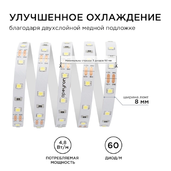 Светодиодная лента Apeyron 4,8W/m 60LED/m 3528SMD холодный белый 5M 00-02 Светодиодная лента Apeyron 4,8W/m 60LED/m 3528SMD холодный белый 5M 00-02