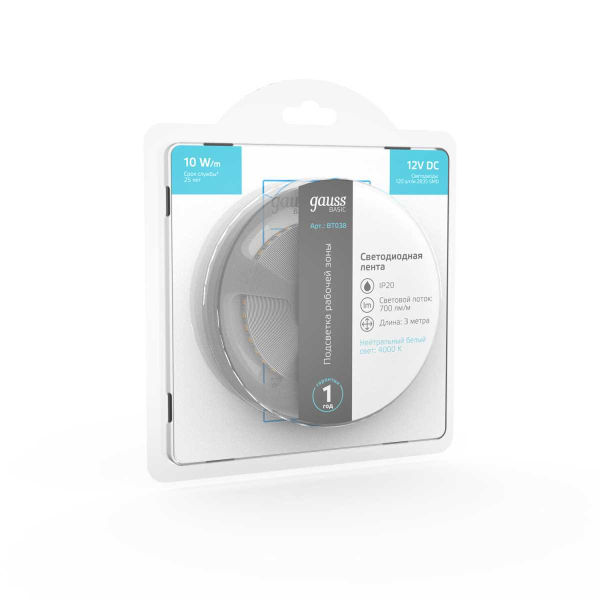 Светодиодная лента Gauss 10W/m 120LED/m 2835SMD нейтральный белый 3M BT038