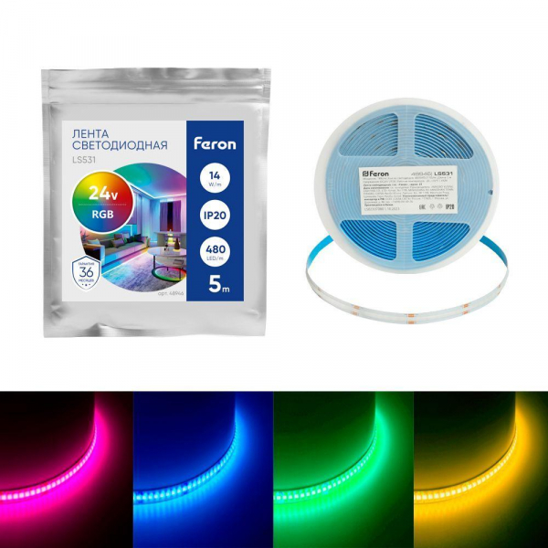 Светодиодная лента Feron 14W/m 480LED/m COB RGB 5М LS531 48946 Светодиодная лента Feron 14W/m 480LED/m COB RGB 5М LS531 48946