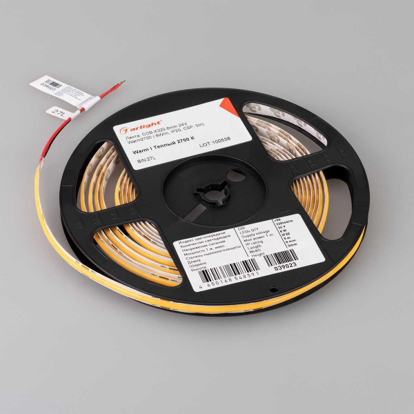 Светодиодная лента Arlight 8W/m 320LED/m CSP теплый белый 5M COB-X320-8mm 24V Warm2700 039023 Светодиодная лента Arlight 8W/m 320LED/m CSP теплый белый 5M COB-X320-8mm 24V Warm2700 039023