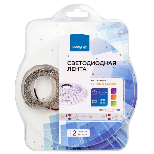 Светодиодная лента Apeyron 4,8W/m 60LED/m 3528SMD теплый белый 2,5M 10-129 Светодиодная лента Apeyron 4,8W/m 60LED/m 3528SMD теплый белый 2,5M 10-129