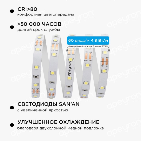 Светодиодная лента Apeyron 4,8W/m 60LED/m 3528SMD холодный белый 5M 10-10 Светодиодная лента Apeyron 4,8W/m 60LED/m 3528SMD холодный белый 5M 10-10
