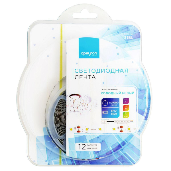 Светодиодная лента Apeyron 9,6W/m 120LED/m 3528SMD холодный белый 5M 31BL Светодиодная лента Apeyron 9,6W/m 120LED/m 3528SMD холодный белый 5M 31BL