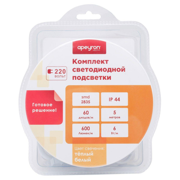 Светодиодная влагозащищенная лента Apeyron 6W/m 60LED/m 3528SMD теплый белый 5M 10-58 Светодиодная влагозащищенная лента Apeyron 6W/m 60LED/m 3528SMD теплый белый 5M 10-58