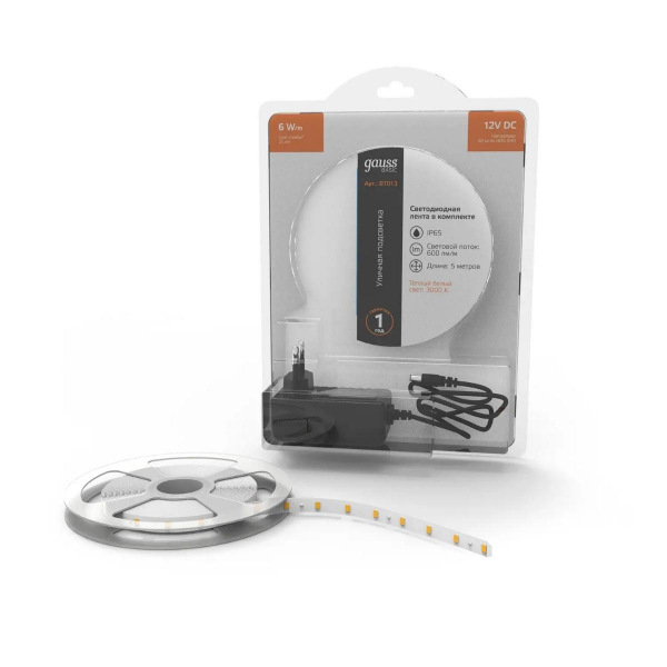 Светодиодная лента Gauss 6W/m 60LED/m 2835SMD теплый белый 5M BT013 Светодиодная лента Gauss 6W/m 60LED/m 2835SMD теплый белый 5M BT013