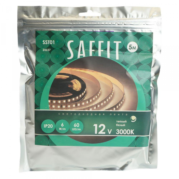 Светодиодная лента Saffit 6W/m 60LED/m 2835SMD теплый белый 5М SST01 55237 Светодиодная лента Saffit 6W/m 60LED/m 2835SMD теплый белый 5М SST01 55237