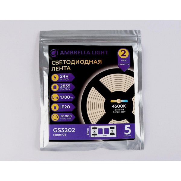 Светодиодная лента Ambrella Light 14,4W/m 180LED/m 2835SMD дневной белый 5M GS3202 Светодиодная лента Ambrella Light 14,4W/m 180LED/m 2835SMD дневной белый 5M GS3202
