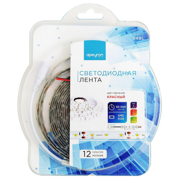 Светодиодная влагозащищенная лента Apeyron 4,8W/m 60LED/m 3528SMD красный 5M 04BL Светодиодная влагозащищенная лента Apeyron 4,8W/m 60LED/m 3528SMD красный 5M 04BL