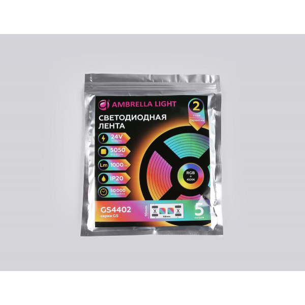 Светодиодная лента Ambrella Light 10W/m 60LED/m 5050SMD дневной белый/RGB 5M GS4402 Светодиодная лента Ambrella Light 10W/m 60LED/m 5050SMD дневной белый/RGB 5M GS4402
