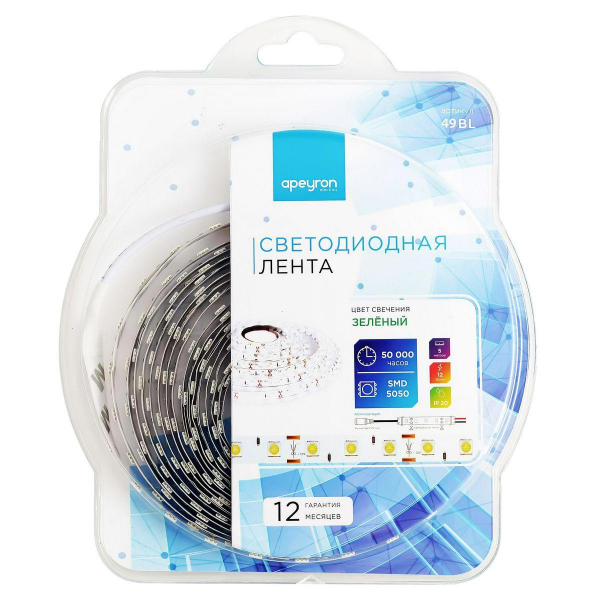 Светодиодная лента Apeyron 14,4W/m 60LED/m 5050SMD зеленый 5M 49BL Светодиодная лента Apeyron 14,4W/m 60LED/m 5050SMD зеленый 5M 49BL