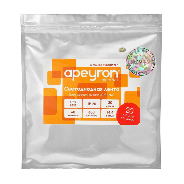 Светодиодная лента Apeyron 14,4W/m 60LED/m 2835SMD теплый белый 20M 00-115 Светодиодная лента Apeyron 14,4W/m 60LED/m 2835SMD теплый белый 20M 00-115