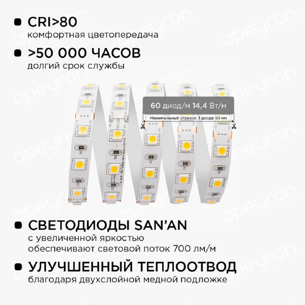 Светодиодная лента Apeyron 14,4W/m 60LED/m 5050SMD теплый белый 2,5M 10-13 Светодиодная лента Apeyron 14,4W/m 60LED/m 5050SMD теплый белый 2,5M 10-13
