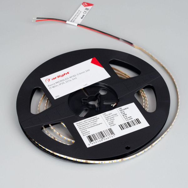 Светодиодная лента Arlight 7W/m 182Led/m 2216SMD теплый белый 5M MICROLED-M182-3.5mm 24V Warm3500 045009 Светодиодная лента Arlight 7W/m 182Led/m 2216SMD теплый белый 5M MICROLED-M182-3.5mm 24V Warm3500 045009