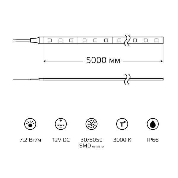 Светодиодная влагозащищенная лента Gauss 7,2W/m 30LED/m 5050SMD теплый белый 5M 311000107 Светодиодная влагозащищенная лента Gauss 7,2W/m 30LED/m 5050SMD теплый белый 5M 311000107