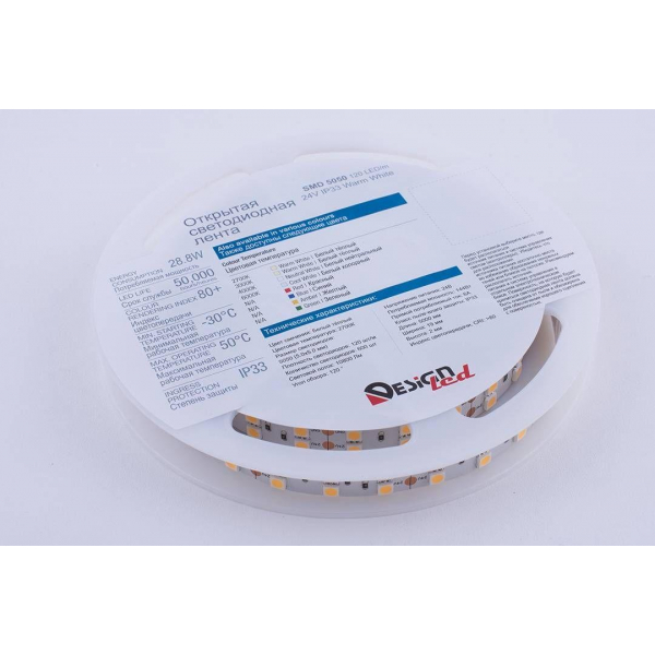 Светодиодная влагозащищенная лента DesignLed 28,8W/m 120LED/m 5050SMD теплый белый 5M 000523 Светодиодная влагозащищенная лента DesignLed 28,8W/m 120LED/m 5050SMD теплый белый 5M 000523