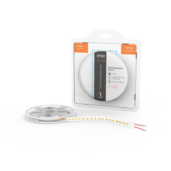 Светодиодная лента Gauss 10W/m 120LED/m 2835SMD теплый белый 3M BT036 Светодиодная лента Gauss 10W/m 120LED/m 2835SMD теплый белый 3M BT036