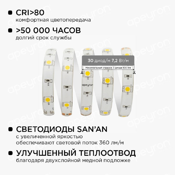 Светодиодная влагозащищенная лента Apeyron 7,2W/m 30LED/m 5050SMD теплый белый 5M 10-02 Светодиодная влагозащищенная лента Apeyron 7,2W/m 30LED/m 5050SMD теплый белый 5M 10-02