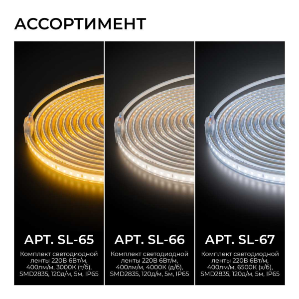 Комплект светодиодной влагозащищенной ленты OGM 6W/m 120LED/m 2835SMD белый 5M SL-66