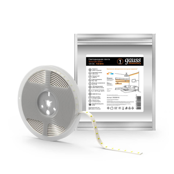 Светодиодная лента Gauss 9,6W/m 120LED/m 2835SMD теплый белый 5M 355000110 Светодиодная лента Gauss 9,6W/m 120LED/m 2835SMD теплый белый 5M 355000110