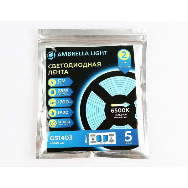 Светодиодная лента Ambrella Light 17W/m 240LED/m 2835SMD холодный белый 5M GS1403 Светодиодная лента Ambrella Light 17W/m 240LED/m 2835SMD холодный белый 5M GS1403
