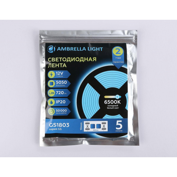 Светодиодная лента Ambrella Light 7,2W/m 30LED/m 5050SMD холодный белый 5M GS1803 Светодиодная лента Ambrella Light 7,2W/m 30LED/m 5050SMD холодный белый 5M GS1803