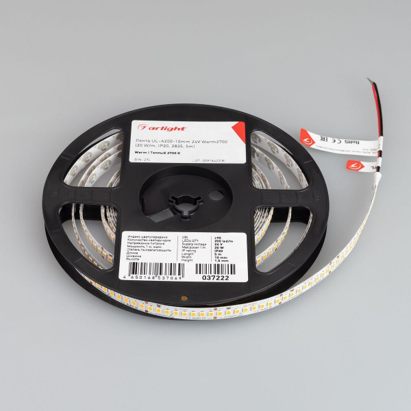 Светодиодная лента Arlight 20W/m 200LED/m 2835SMD теплый белый 5M UL-A200-10mm 24V Warm2700 037222 Светодиодная лента Arlight 20W/m 200LED/m 2835SMD теплый белый 5M UL-A200-10mm 24V Warm2700 037222