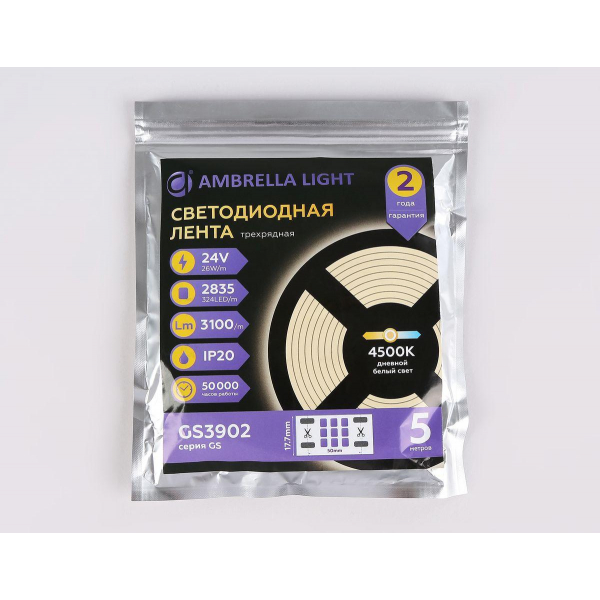 Светодиодная лента Ambrella Light 26W/m 324LED/m 2835SMD дневной белый 5M GS3902 Светодиодная лента Ambrella Light 26W/m 324LED/m 2835SMD дневной белый 5M GS3902