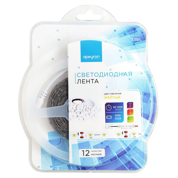 Светодиодная лента Apeyron 4,8W/m 60LED/m 3528SMD желтый 5M 33BL Светодиодная лента Apeyron 4,8W/m 60LED/m 3528SMD желтый 5M 33BL