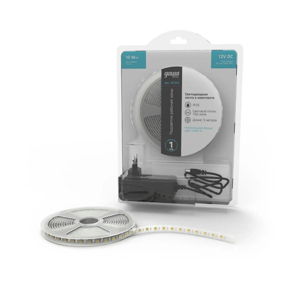 Светодиодная лента Gauss 10W/m 60LED/m 5050SMD нейтральный белый 5M BT043 Светодиодная лента Gauss 10W/m 60LED/m 5050SMD нейтральный белый 5M BT043