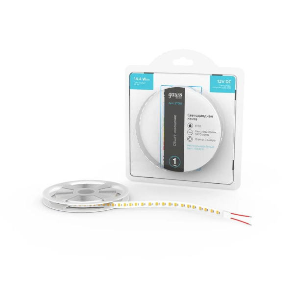 Светодиодная лента Gauss 14,4W/m 120LED/m 2835SMD нейтральный белый 3M BT083 Светодиодная лента Gauss 14,4W/m 120LED/m 2835SMD нейтральный белый 3M BT083