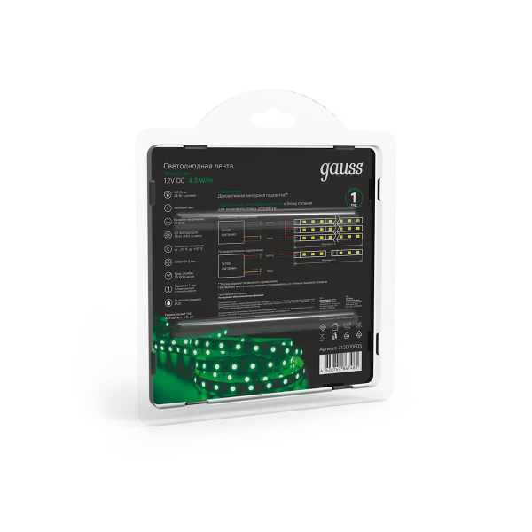 Светодиодная лента Gauss 4,8W/m 60LED/m 2835SMD зеленый 5M 312000605 Светодиодная лента Gauss 4,8W/m 60LED/m 2835SMD зеленый 5M 312000605