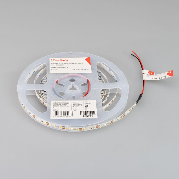 Светодиодная лента Arlight 9,6W/m 120LED/m 3528SMD теплый белый 5M NT-A120-8mm 12V Warm3000 035741 Светодиодная лента Arlight 9,6W/m 120LED/m 3528SMD теплый белый 5M NT-A120-8mm 12V Warm3000 035741